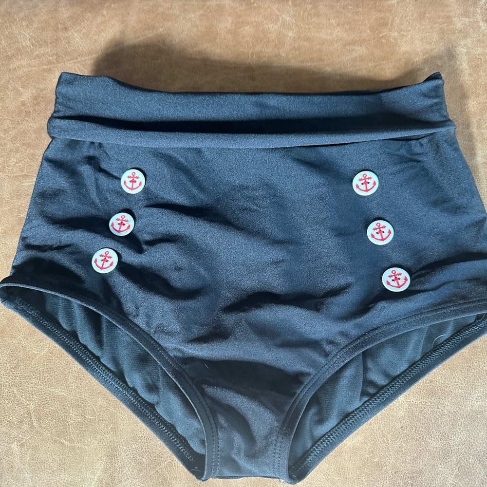 Nautical High-Waisted Navy Swim Bottoms